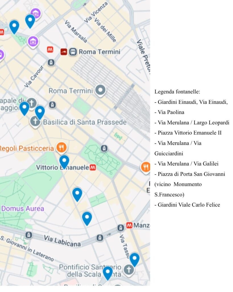 Immagine con evidenziazione sulla mappa delle fontanelle presenti lungo il percorso
