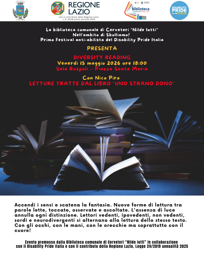 Locandina diversity reading, presentazione libro di Nico Piro"uno strano dono"